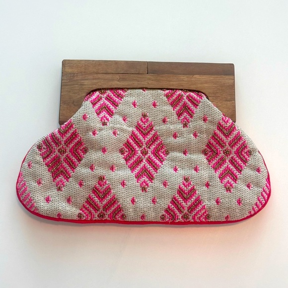 Anthropologie Handbags - Beaded Cloth Clutch with Wooden Top